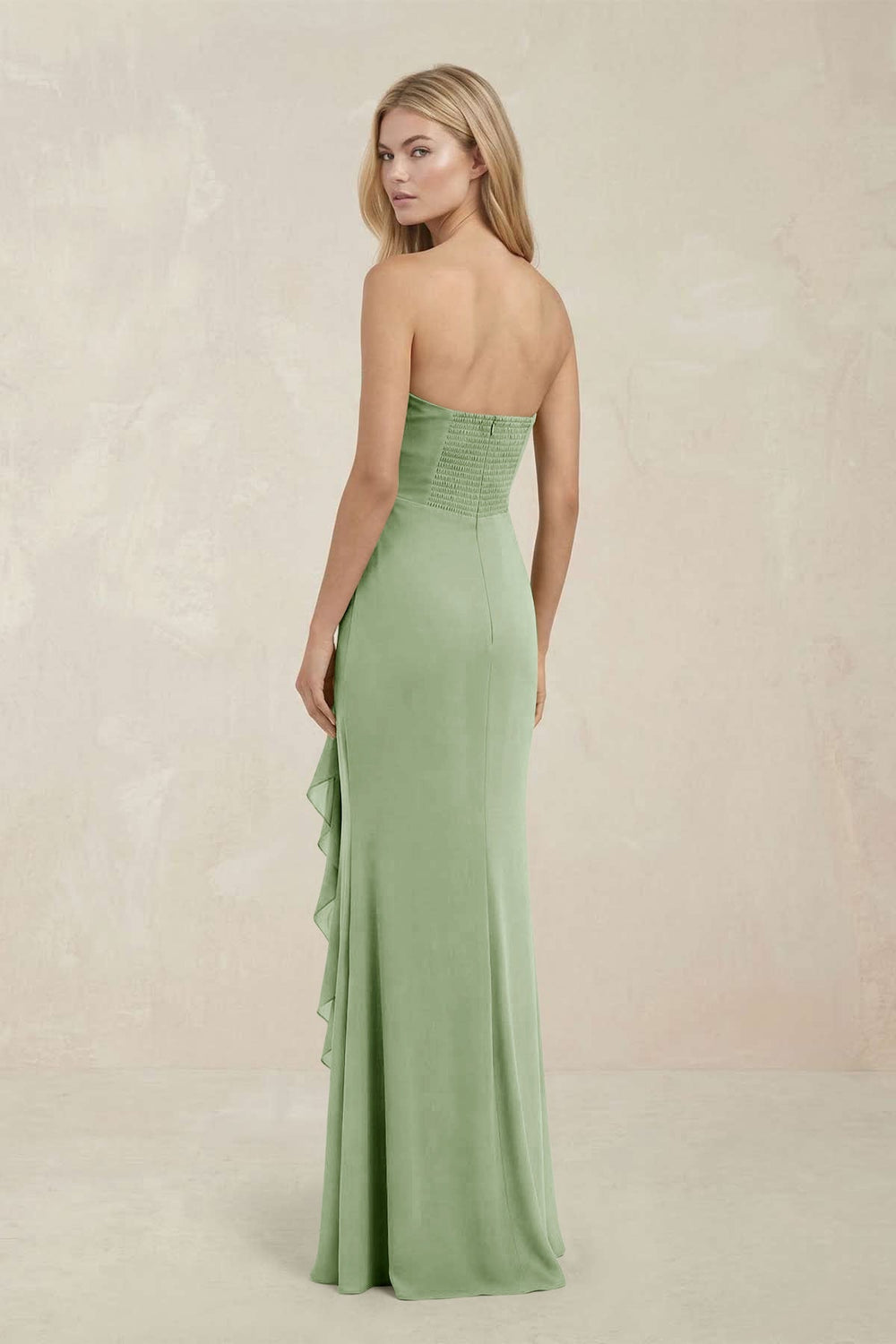 Strapless Ruffled Sheath Bridesmaid Dress in Sage