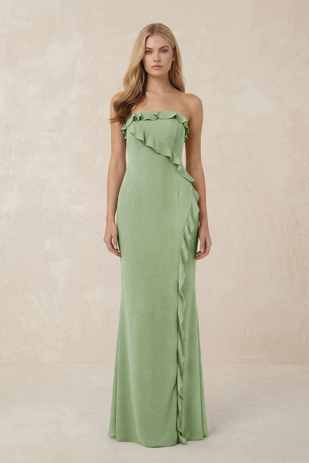 Strapless Ruffled Sheath Bridesmaid Dress in Sage