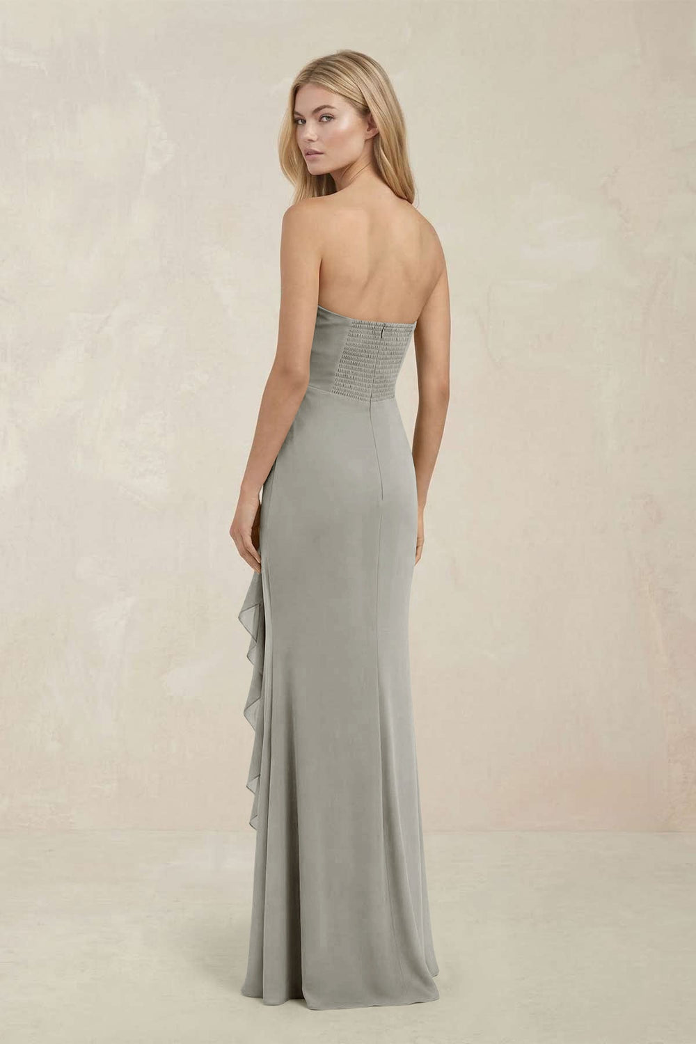 Strapless Ruffled Sheath Bridesmaid Dress in Silver