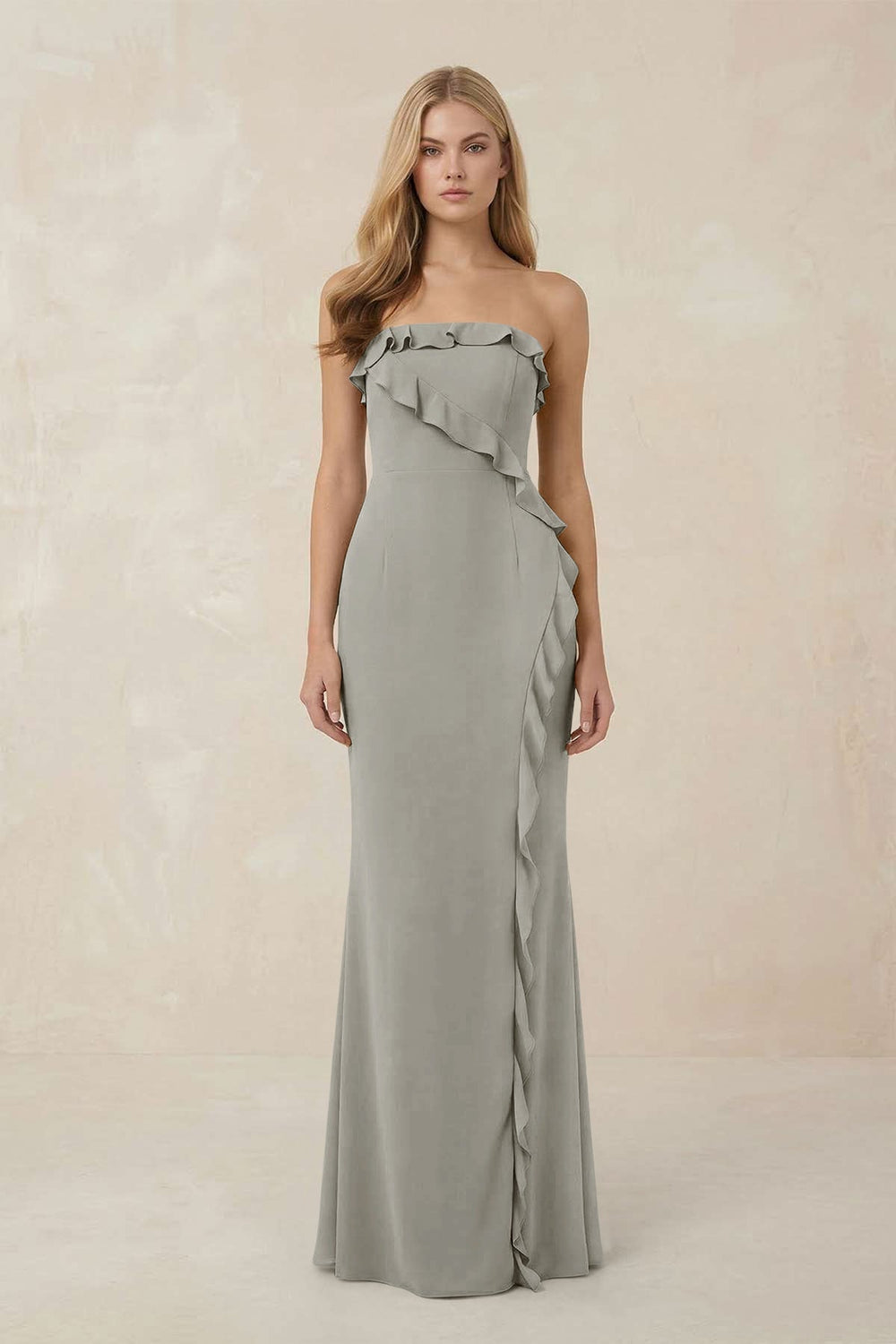 Strapless Ruffled Sheath Bridesmaid Dress in Silver