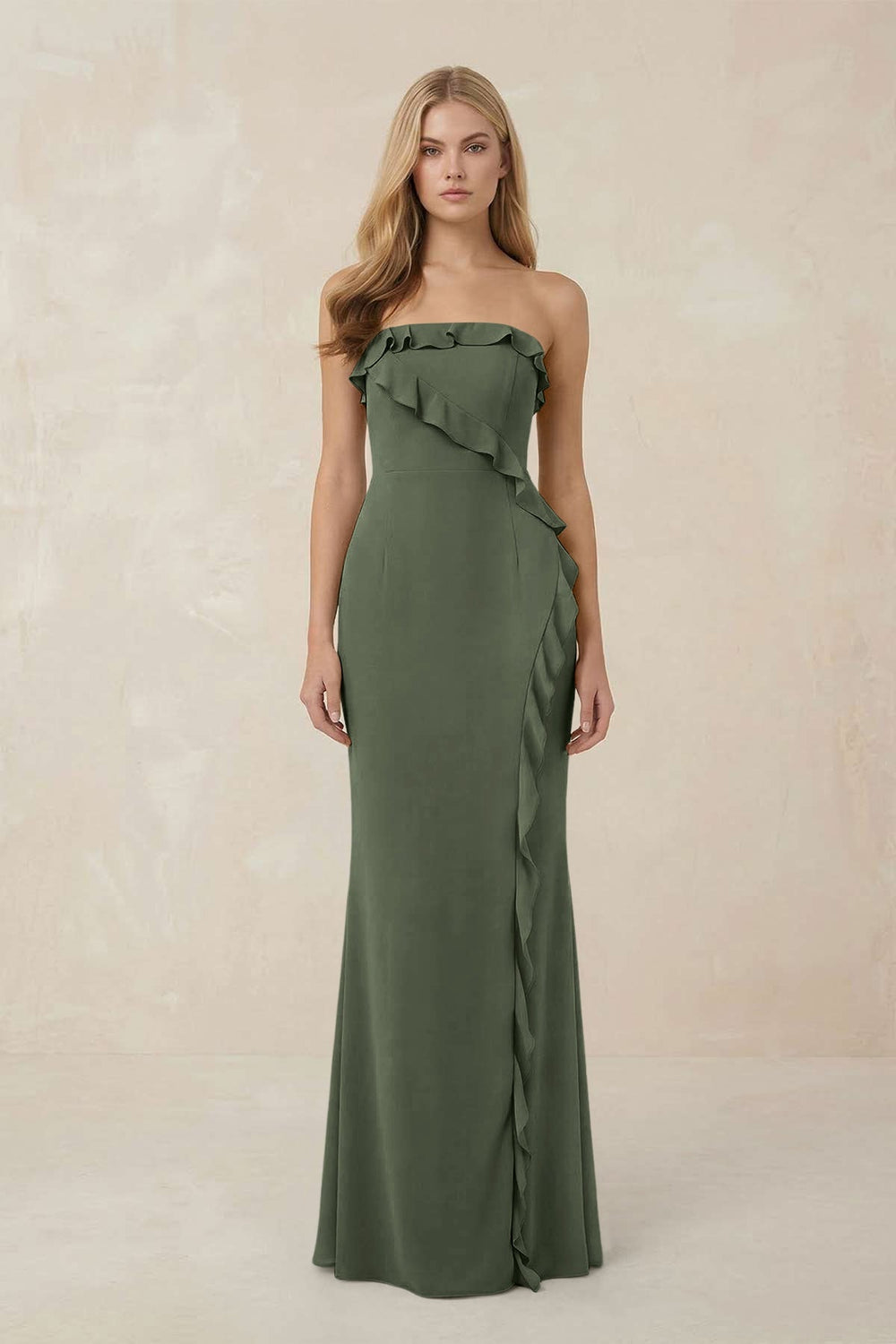 Strapless Ruffled Sheath Bridesmaid Dress in Thyme