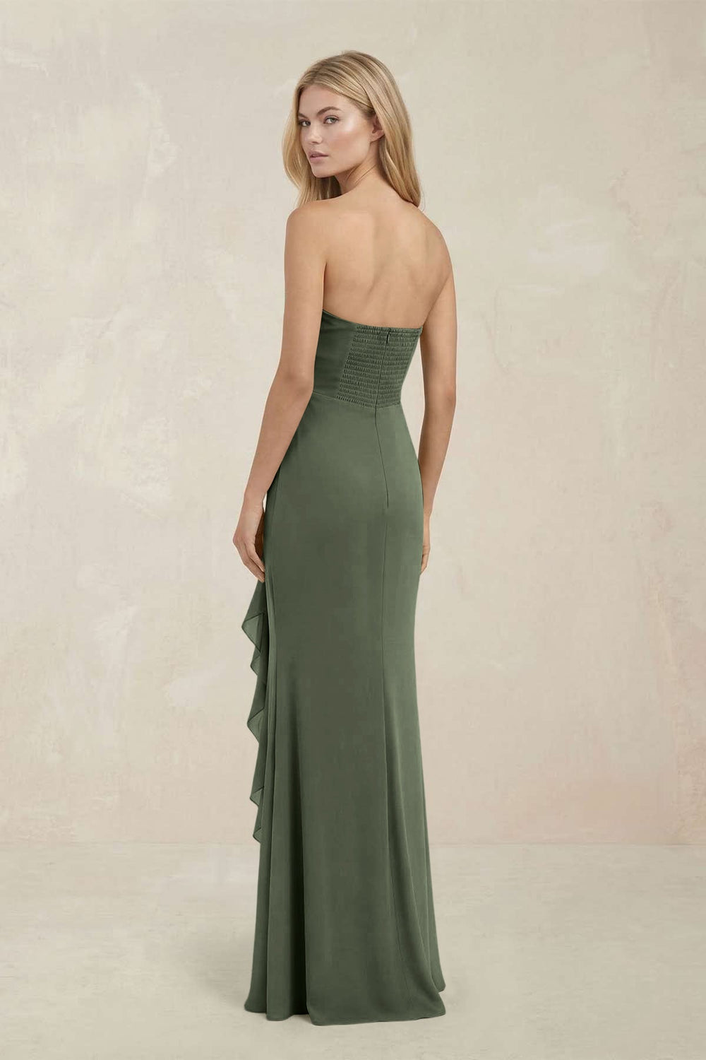 Strapless Ruffled Sheath Bridesmaid Dress in Thyme