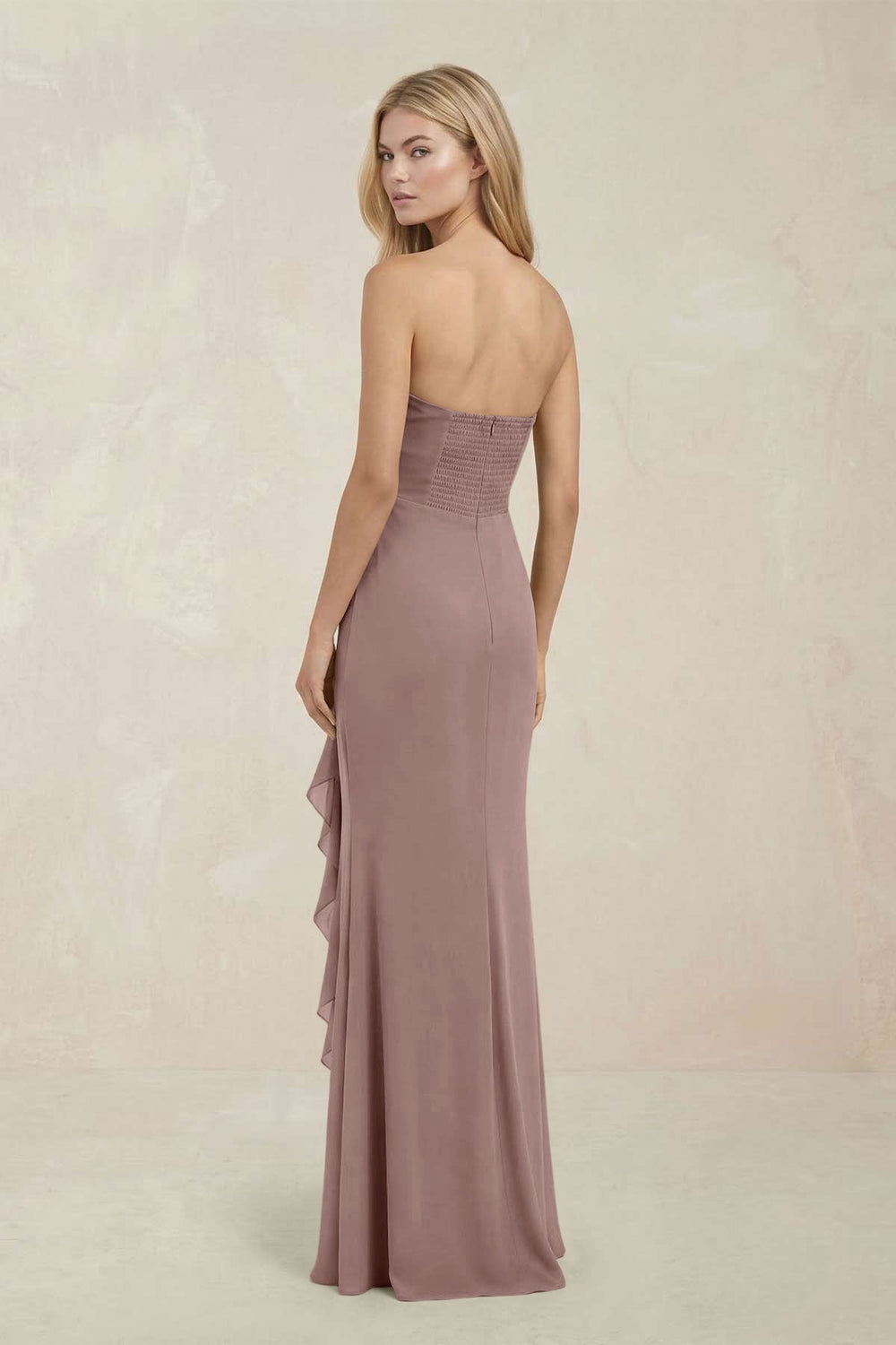 Strapless Ruffled Sheath Bridesmaid Dress in Toffee