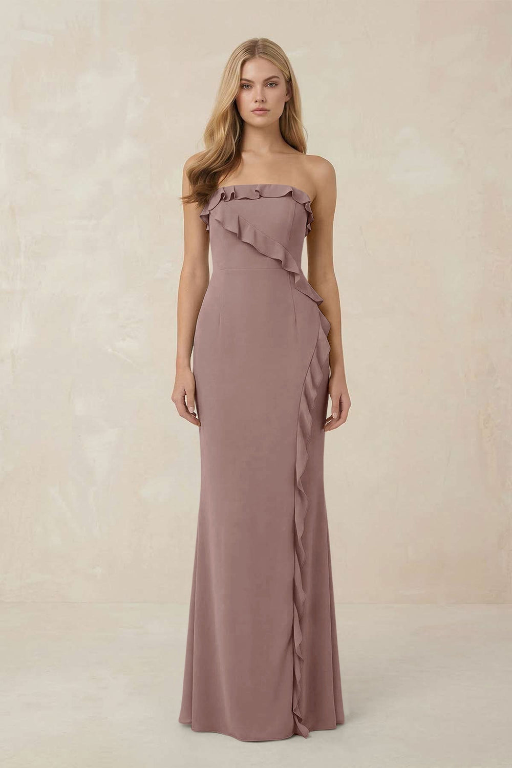 Strapless Ruffled Sheath Bridesmaid Dress in Toffee