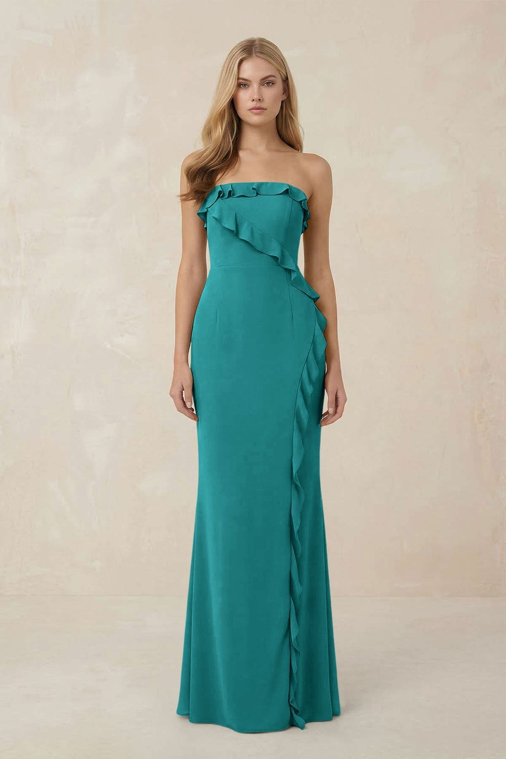 Strapless Ruffled Sheath Bridesmaid Dress in Turquoise