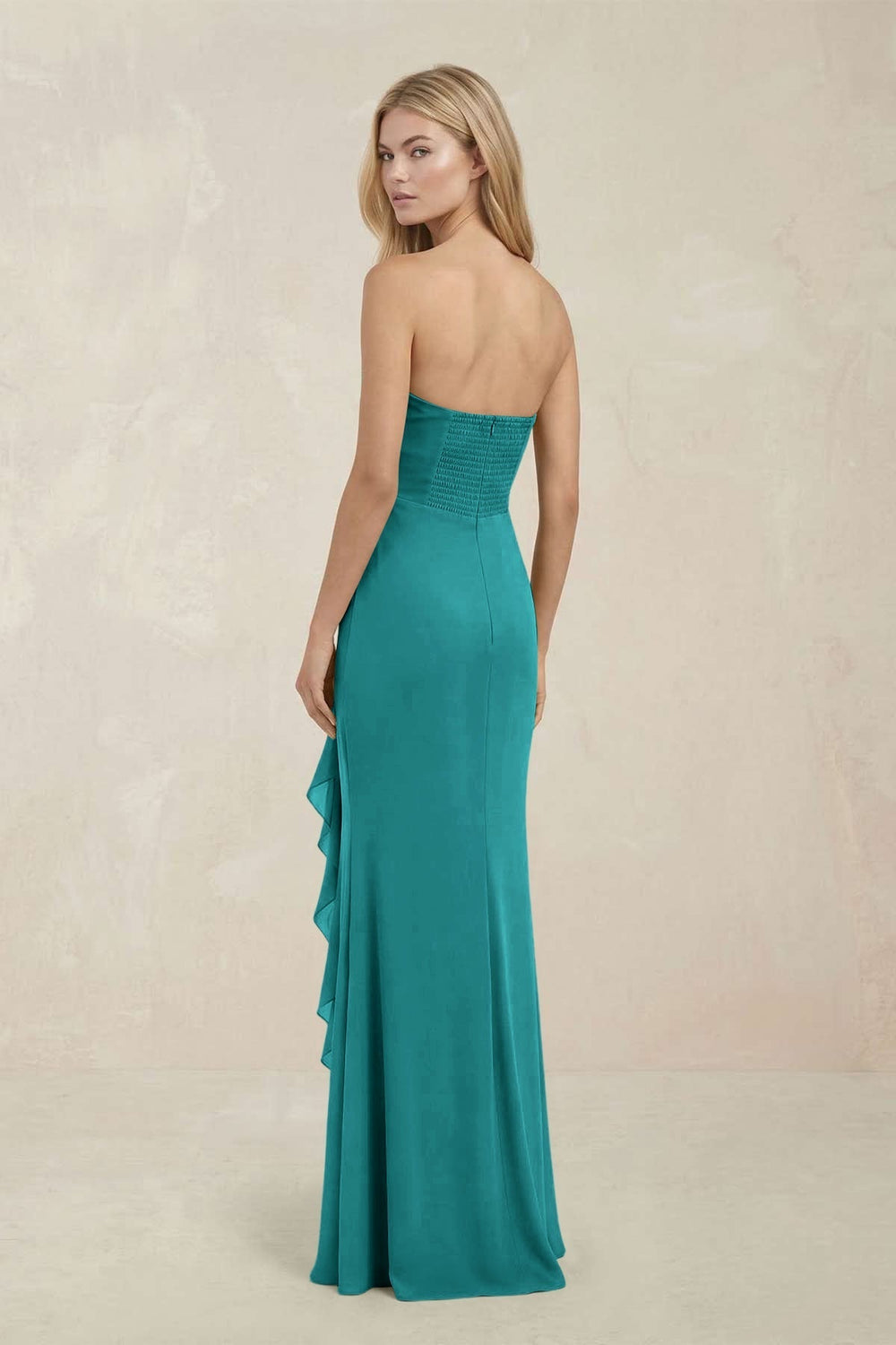 Strapless Ruffled Sheath Bridesmaid Dress in Turquoise