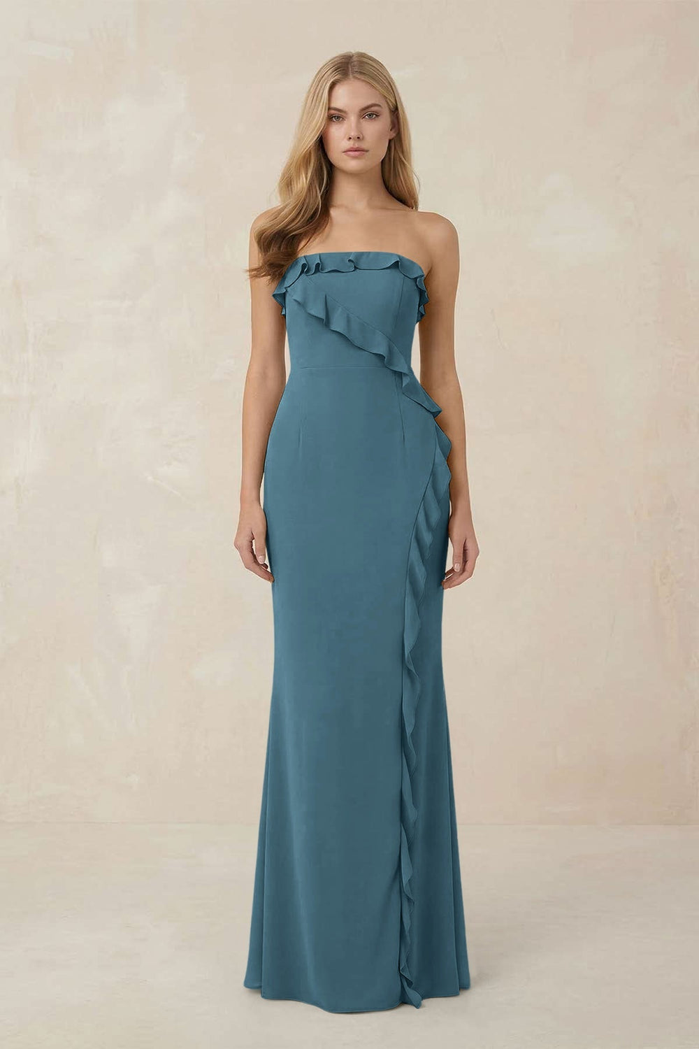 Strapless Ruffled Sheath Bridesmaid Dress in Twilight