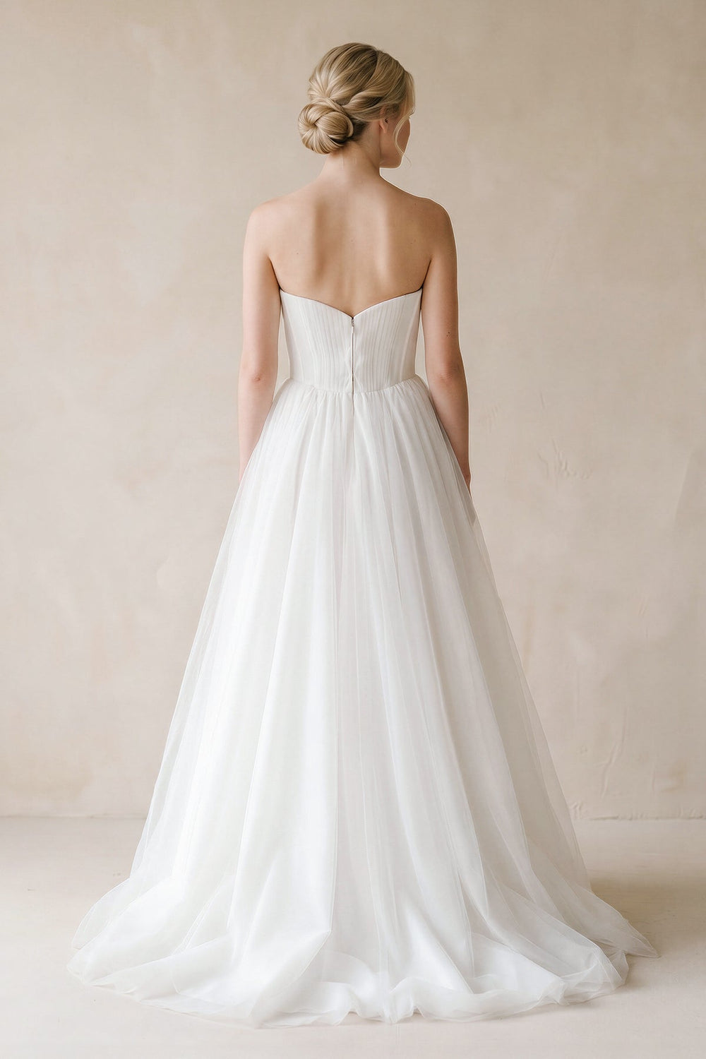 Strapless Ruffled Tulle A-Line Pleated Wedding Dress in White