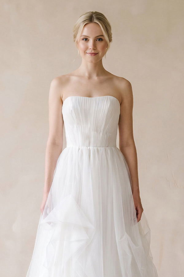 Strapless Ruffled Tulle A - Line Pleated Wedding Dress in Ivory - KISS BRIDAL Wedding Dresses
