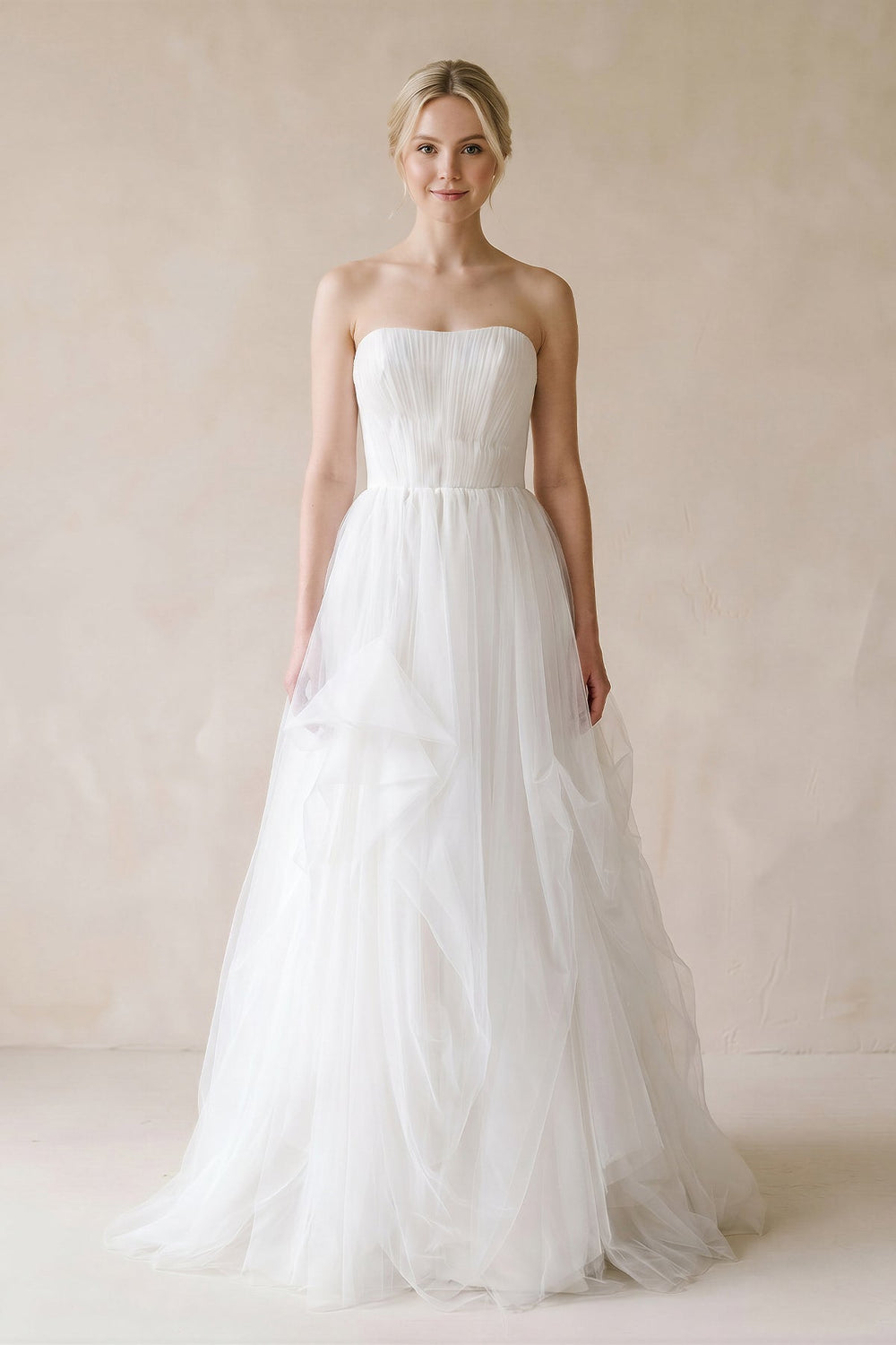 Strapless Ruffled Tulle A-Line Pleated Wedding Dress in White