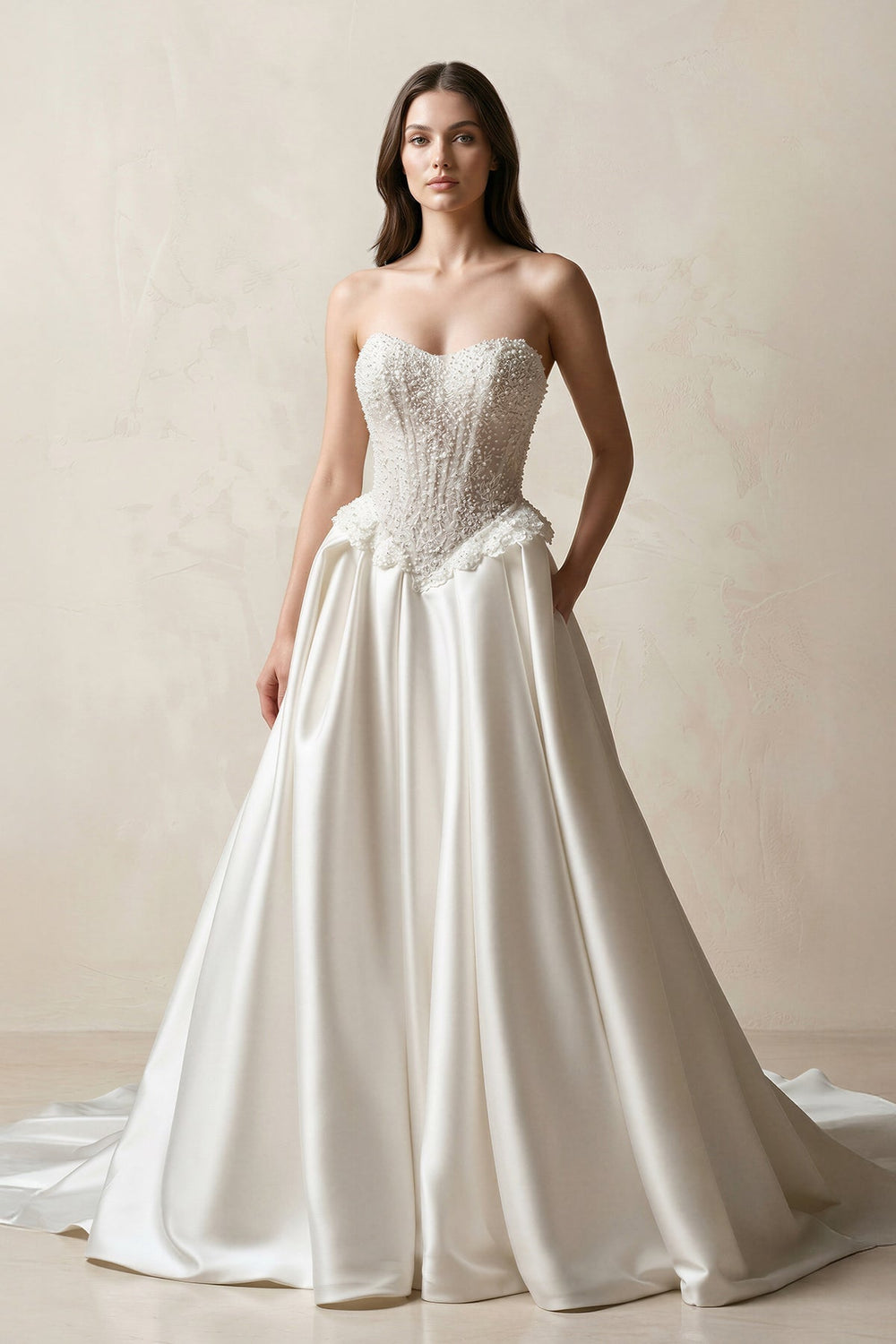 Sweetheart Satin A-Line Corset Beaded Wedding Dress in White