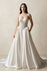 Strapless Satin A - Line Corset Beaded Wedding Dress in White - KISS BRIDAL Wedding Dresses