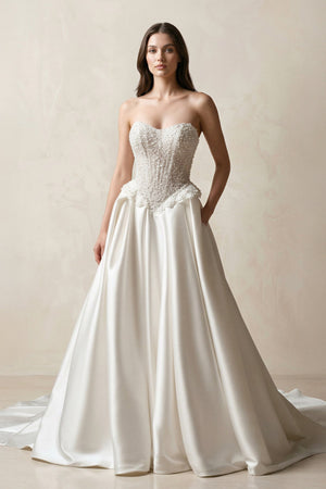 Strapless Satin A - Line Corset Beaded Wedding Dress in White - KISS BRIDAL Wedding Dresses