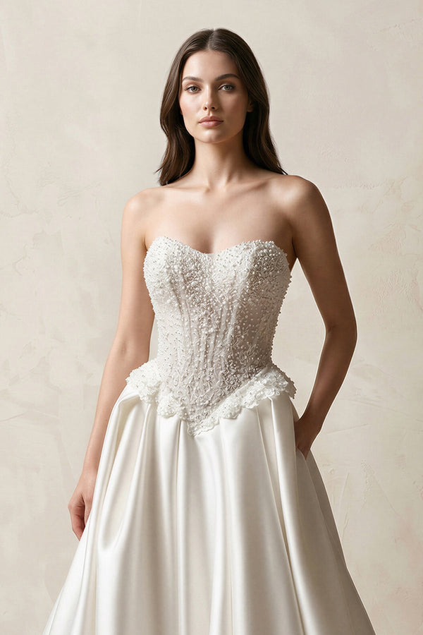 Strapless Satin A - Line Corset Beaded Wedding Dress in White - KISS BRIDAL Wedding Dresses