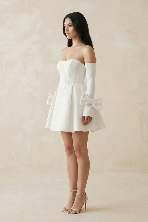 Strapless Satin A - Line Mini Wedding Dress With Sleeves in White - KISS BRIDAL Wedding Dresses