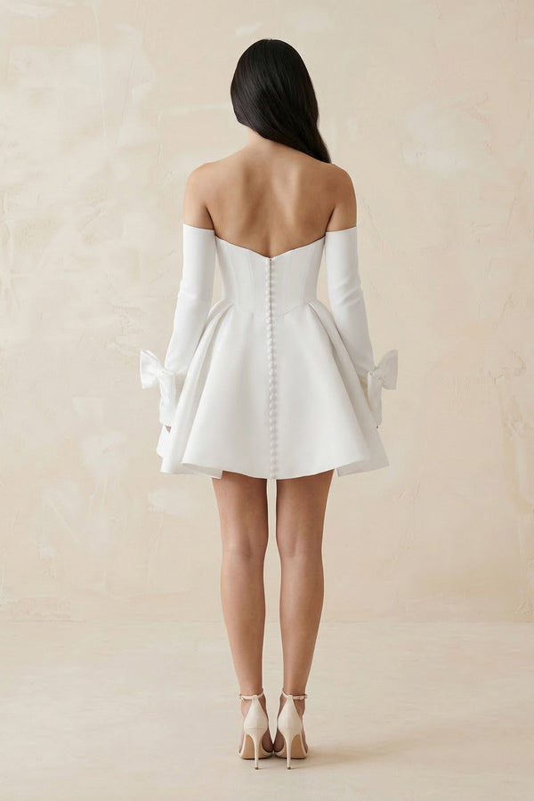 Strapless Satin A - Line Mini Wedding Dress With Sleeves in White - KISS BRIDAL Wedding Dresses