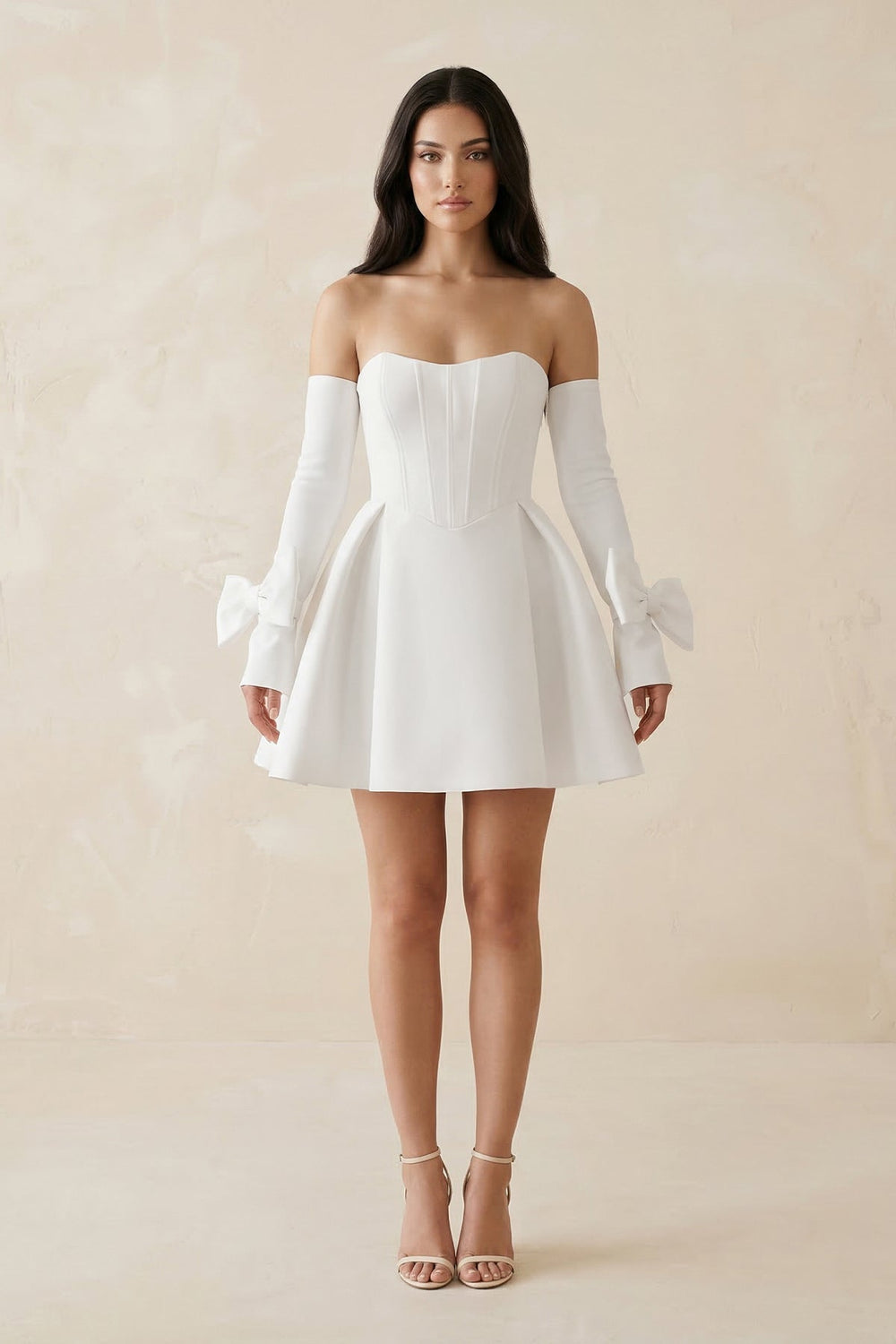 Strapless Satin A-Line Mini Wedding Dress With Sleeves in White