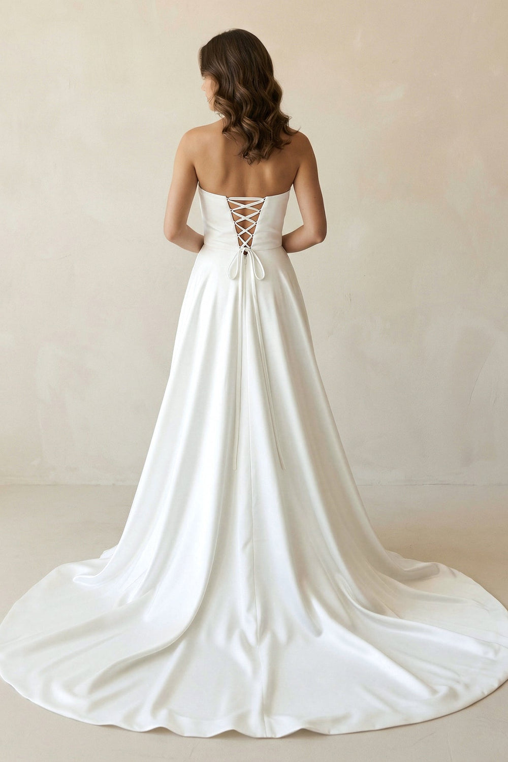 Strapless Satin A-Line Ruched Wedding Dress With Slit in White