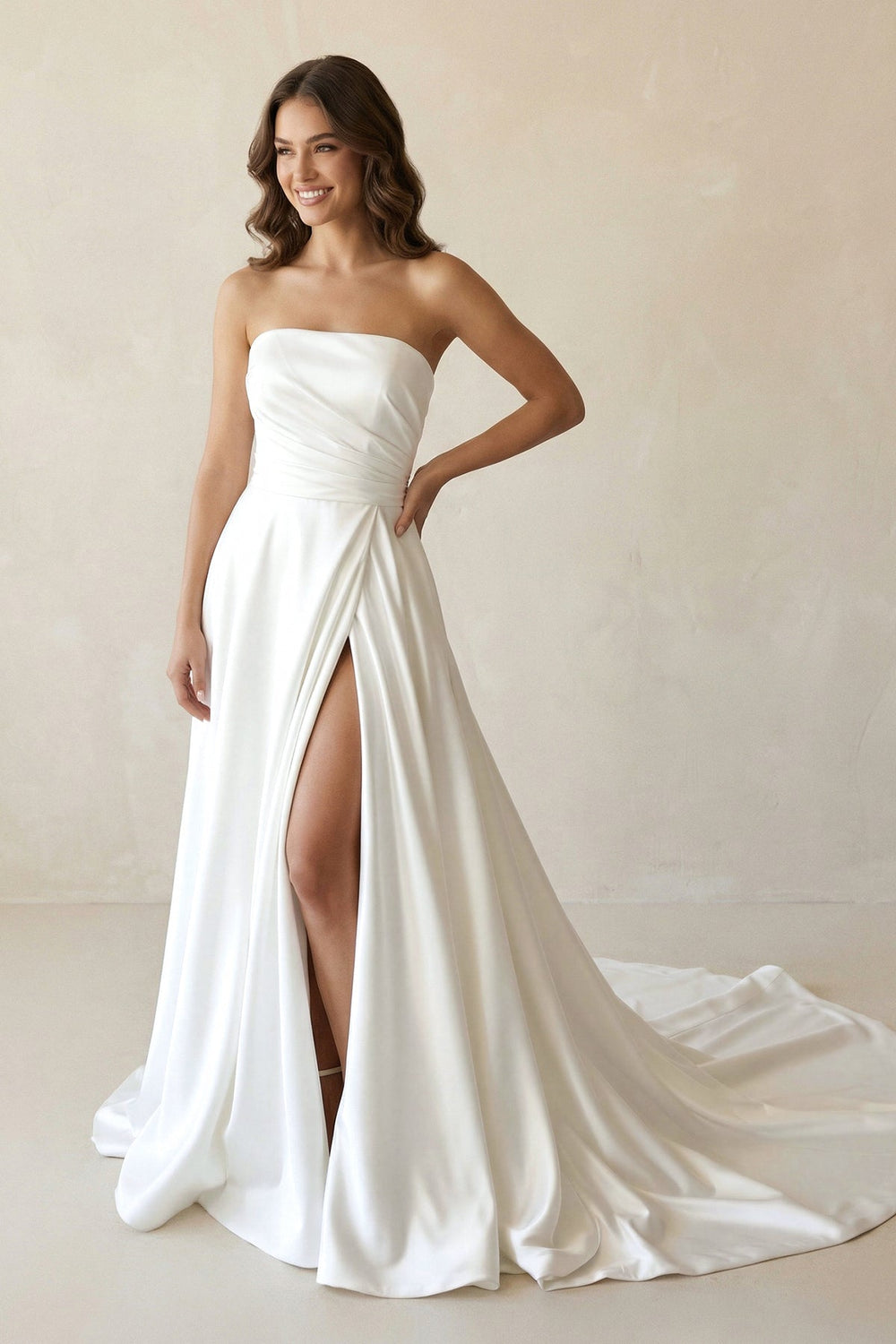Strapless Satin A-Line Ruched Wedding Dress With Slit in White
