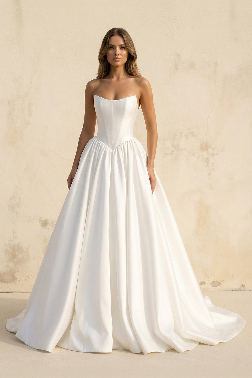 Strapless Satin Ball-Gown Wedding Dress in White