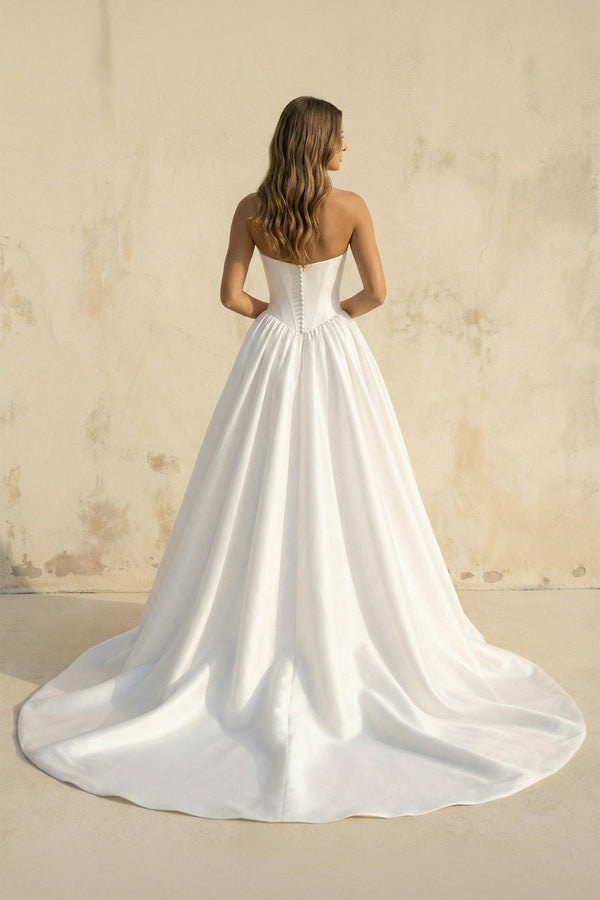Strapless Satin A Line Wedding Dress in White - KISS BRIDAL Wedding Dresses