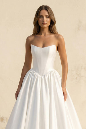 Strapless Satin A Line Wedding Dress in White - KISS BRIDAL Wedding Dresses