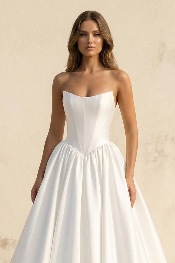 Strapless Satin A Line Wedding Dress in White - KISS BRIDAL Wedding Dresses