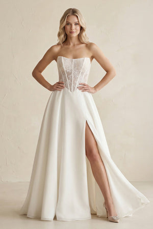 Strapless Satin Appliqued A - Line Wedding Dress with Corset in Ivory - KISS BRIDAL Wedding Dresses
