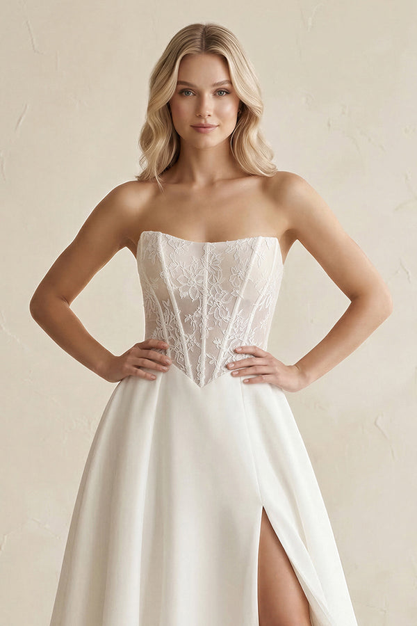 Strapless Satin Appliqued A - Line Wedding Dress with Corset in Ivory - KISS BRIDAL Wedding Dresses
