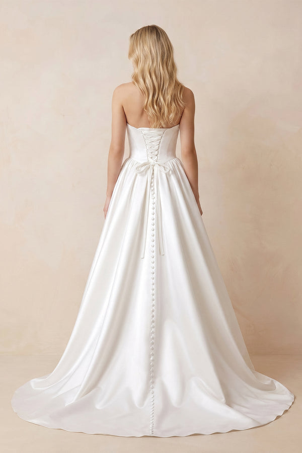 Strapless Satin Ball-Gown Corset Wedding Dress with Removable Sleeves in White
