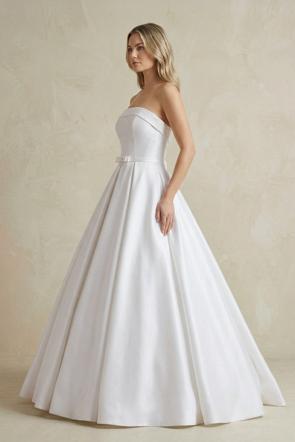Strapless Satin Ball Gown Wedding Dress with Bow - KISS BRIDAL Wedding Dresses