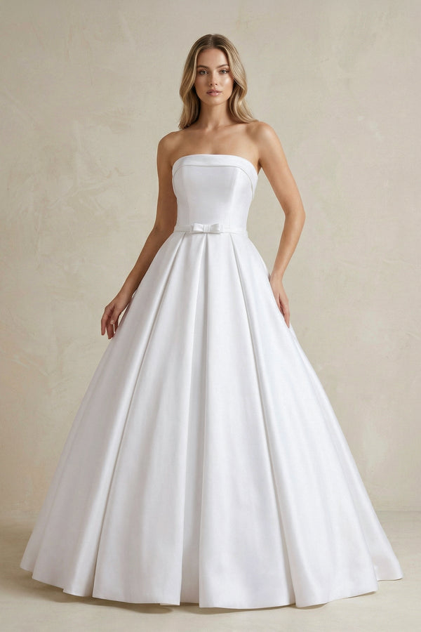Strapless Satin Ball Gown Wedding Dress with Bow - KISS BRIDAL Wedding Dresses
