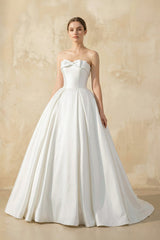 Strapless Satin Ball Gown With Bow in White - KISS BRIDAL Wedding Dresses
