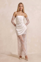 Strapless Satin Lace Ruched Mini Wedding Dress in White - KISS BRIDAL Wedding Dresses