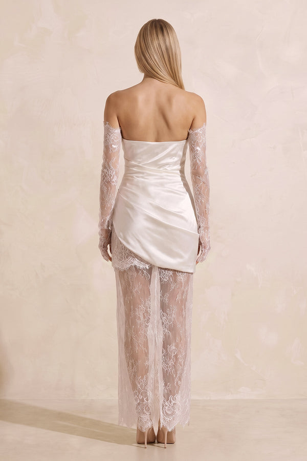Strapless Satin Lace Ruched Mini Wedding Dress in White - KISS BRIDAL Wedding Dresses