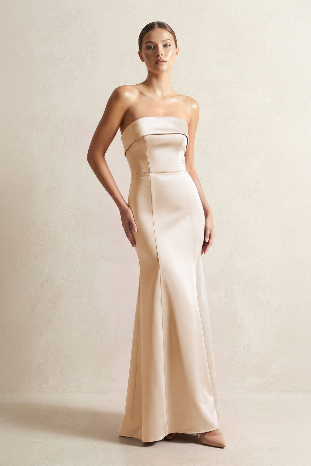 Strapless Satin Mermaid Bridesmaid Dress in Golden Champagne