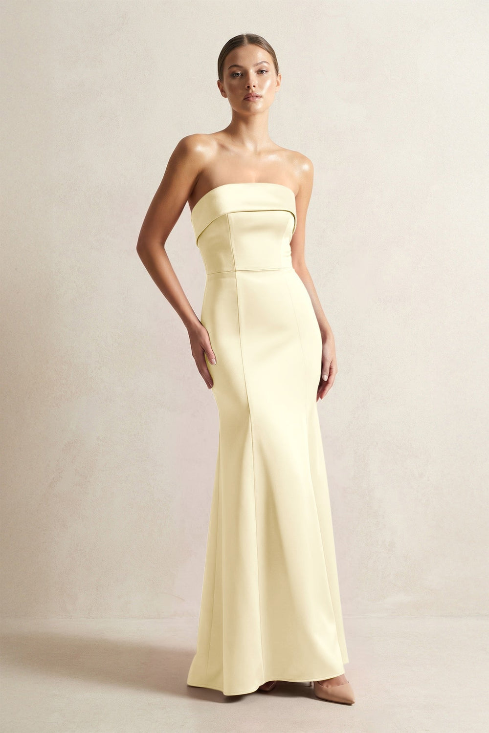 Strapless Satin Mermaid Bridesmaid Dress in Pastel Yellow