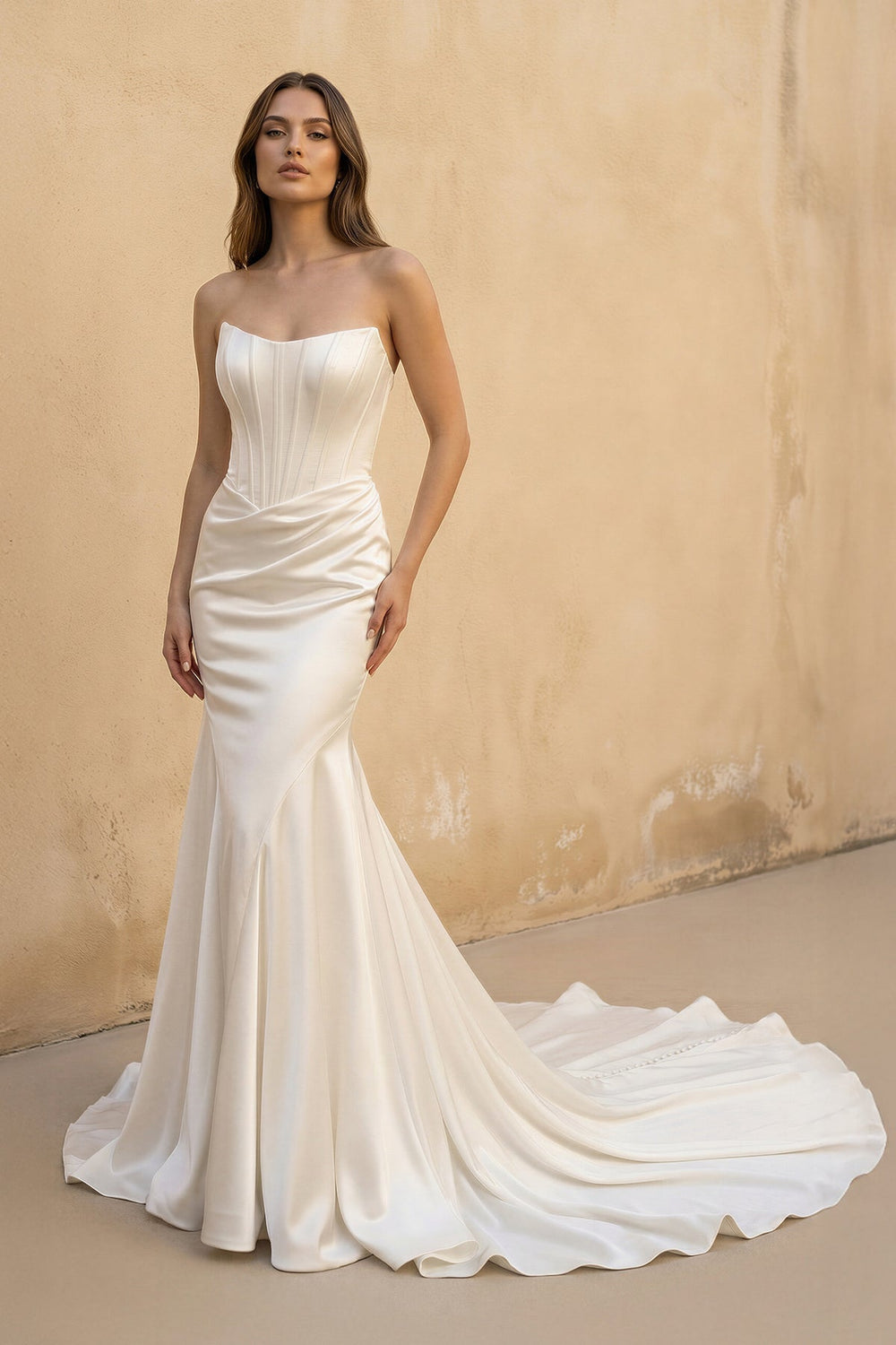 Strapless Satin Mermaid Corset Wedding Dress in Ivory