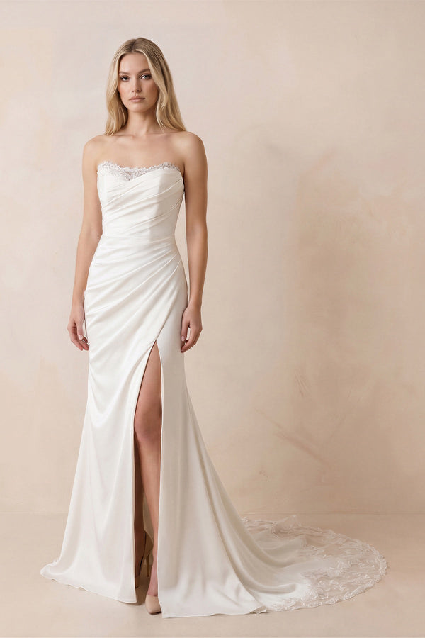Strapless Satin Mermaid Ruched Wedding Dress With Slit in White