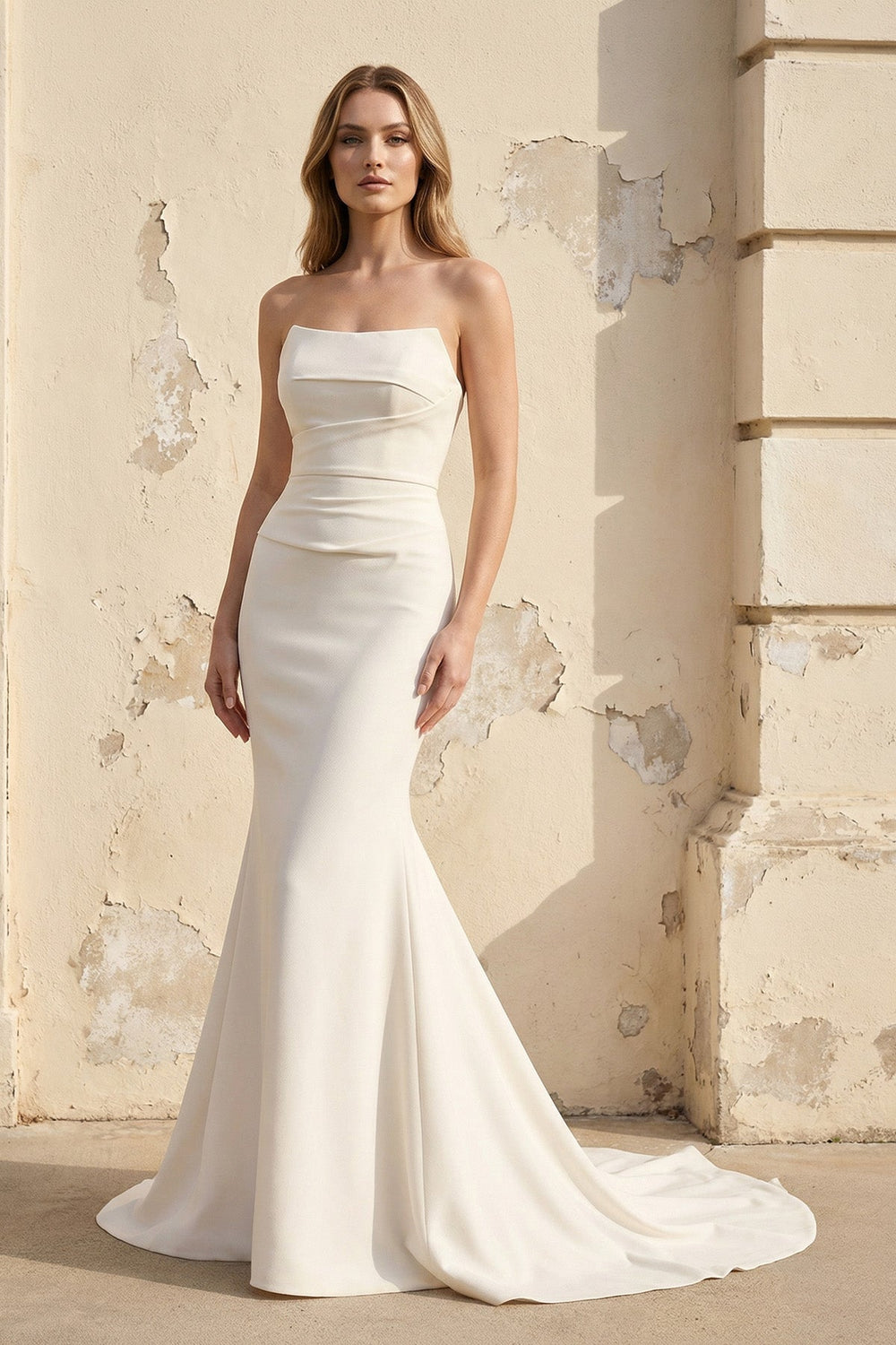 Strapless Satin Pleated Mermaid Wedding Dress