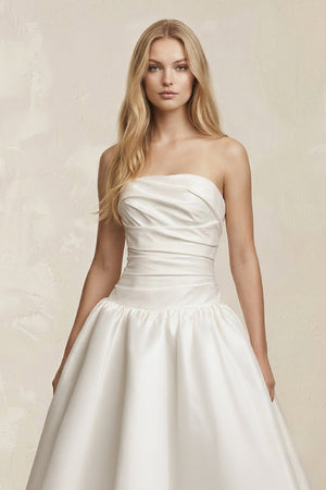 Strapless Satin Ruched A - Line Maxi Wedding Dress in White - KISS BRIDAL Wedding Dresses