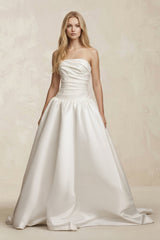 Strapless Satin Ruched A - Line Maxi Wedding Dress in White - KISS BRIDAL Wedding Dresses