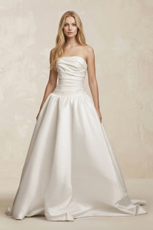 Strapless Satin Ruched A - Line Maxi Wedding Dress in White - KISS BRIDAL Wedding Dresses