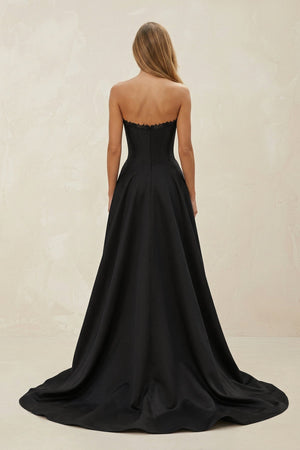 Strapless Satin Ruched A - Line Wedding Dress with Slit in Black - KISS BRIDAL Wedding Dresses
