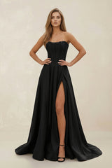 Strapless Satin Ruched A - Line Wedding Dress with Slit in Black - KISS BRIDAL Wedding Dresses