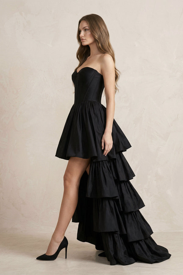 Strapless Satin Sweetheart High - Low A - Line Wedding Dress With Ruffles in Black - KISS BRIDAL Wedding Dresses