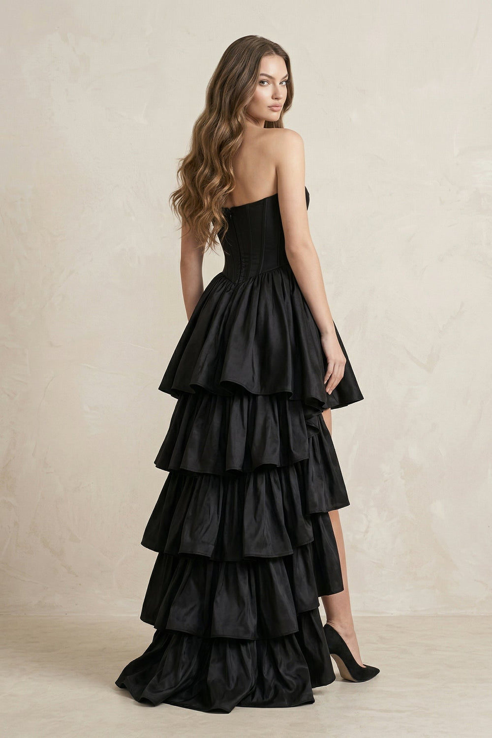 Strapless Satin Sweetheart High-Low A-Line Wedding Dress With Ruffles in Black