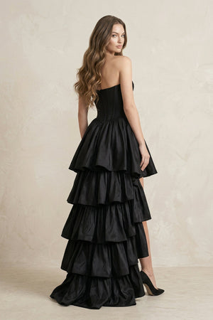 Strapless Satin Sweetheart High - Low A - Line Wedding Dress With Ruffles in Black - KISS BRIDAL Wedding Dresses