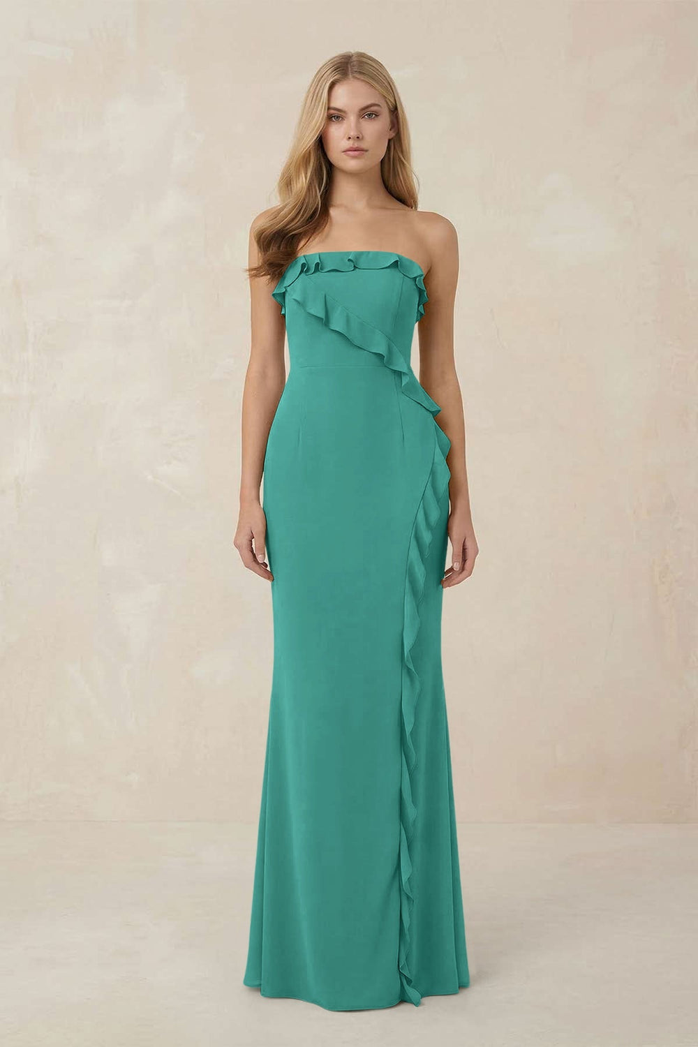 Strapless Ruffled Sheath Bridesmaid Dress in Sea Glass