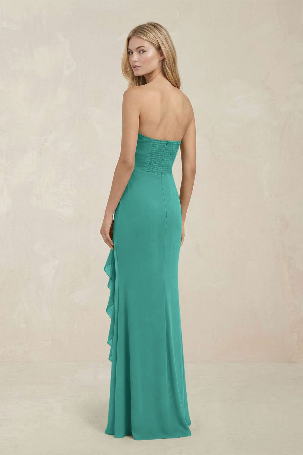 Strapless Ruffled Sheath Bridesmaid Dress in Sea Glass